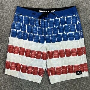 O'Neill Beer Keg Board Shorts ~ Men's 34 ~ Red White Blue Swim Trunk 9.5" Inseam